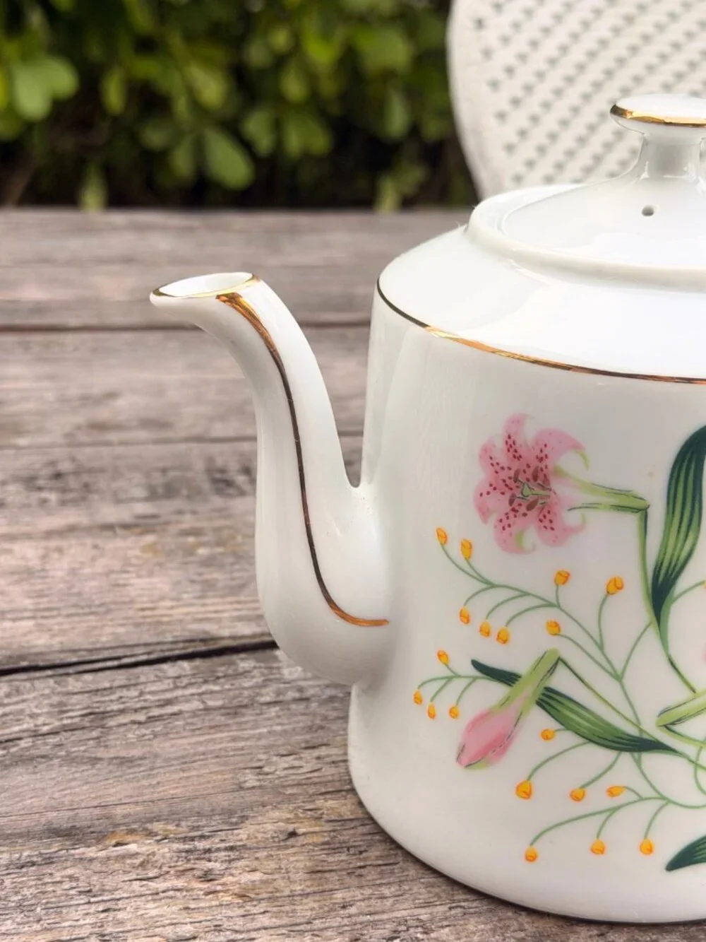 Vintage MCM White Porcelain Teapot with Hummingbird & Pink Lily Flowers Japan